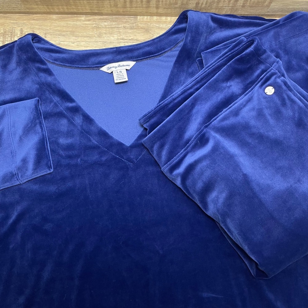 Tommy Bahama Womens Royal Blue Velour Lounge Set V-Neck Top Wide Leg Pants Large
